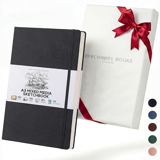 Beechmore Books A3 Mixed Media Sketchbook - 11.7x16.5 Extra Large Professional Studio Drawing Pad, 160 GSM / 98 lb Perforated Ivory Paper, Hardcover Lay-Flat Design, Gift Box for Artists & Watercolor
