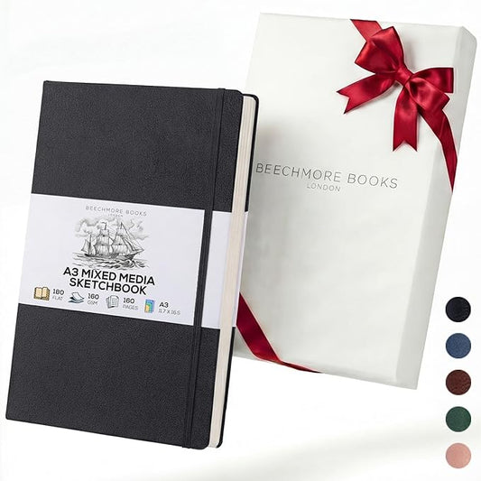 Beechmore Books A3 Mixed Media Sketchbook - 11.7x16.5 Extra Large Professional Studio Drawing Pad, 160 GSM / 98 lb Perforated Ivory Paper, Hardcover Lay-Flat Design, Gift Box for Artists & Watercolor