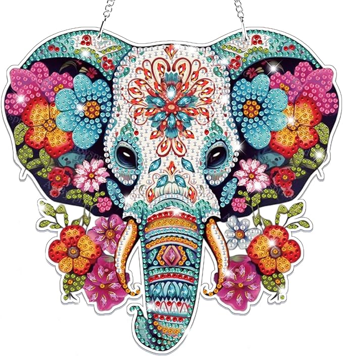 Bowetile Elephant Diamond Art Hanging Kits for Adults, 5D Special Shape Diamond Painting Flowers Pendant Kits, Animal Gem Art Suncatchers Painting Ornament for Home Garden Wall Decor