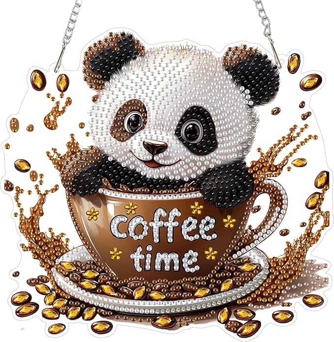 NEWENMO Diamond Art Kit for Adult, Coffee Panda, Diamond Art Painting Double Sided Window Pendants for Home Garden Wall Hanging, DIY Special Shaped Gem Hanging Ornaments, Cute Panda
