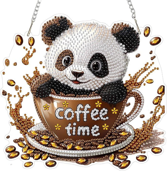 NEWENMO Diamond Art Kit for Adult, Coffee Panda, Diamond Art Painting Double Sided Window Pendants for Home Garden Wall Hanging, DIY Special Shaped Gem Hanging Ornaments, Cute Panda