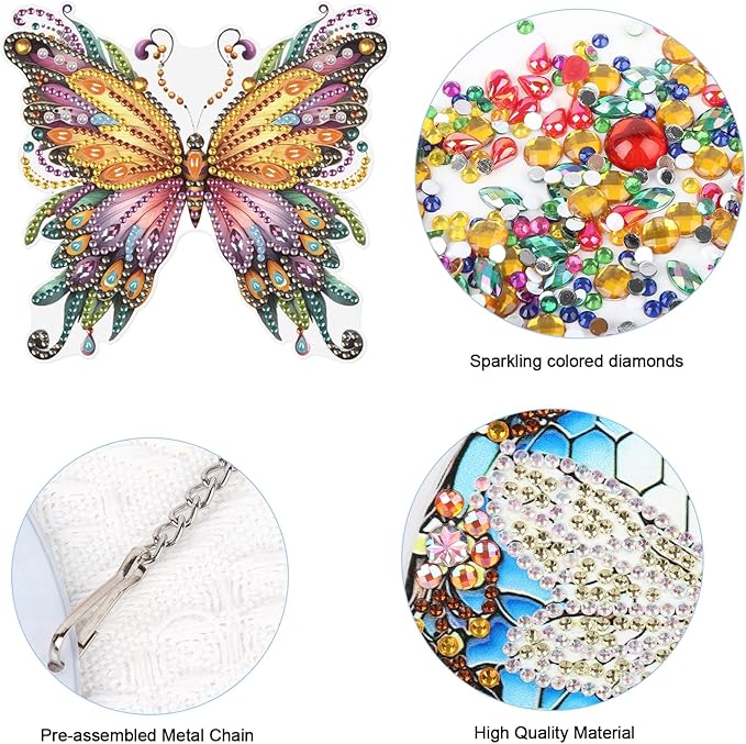 JISHSHAY 2 PCS Diamond Painting Pendant DIY Butterfly Crystal Wind Chimes Suncatcher Art Ornaments Hanging for Garden Wall Decor