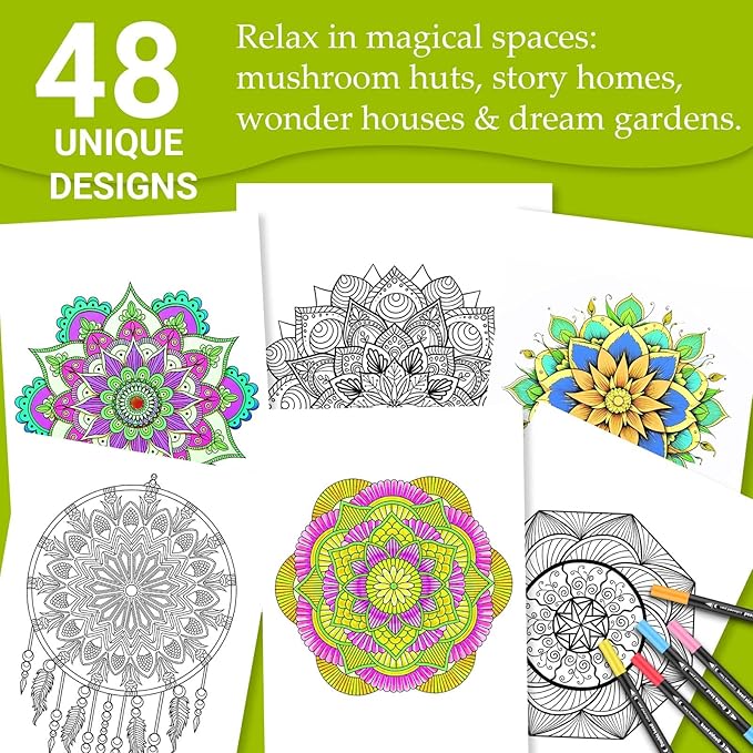 Adult Coloring Book for Women Relaxation, Spiral Bound Mindfulness Coloring Book with 24 Colors Markers for Adult, Anxiety Relief Gifts with 48 Pictures (Hand-Drawn Mandala)