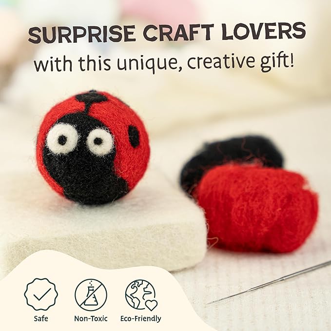 Woolbuddy Needle Felting Starter Kit –Make 6 Cute Characters(Yeti, Giraffe, Panda, Ladybug, Whale, Gator) – Complete Kit for Beginners & Adults with Wool Roving,Felting Needles,Pad & Instruction Guide