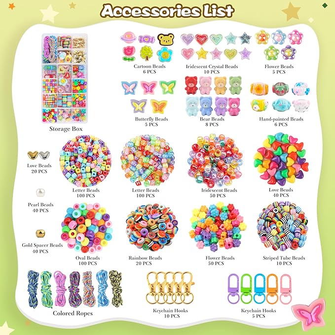 Ecoofor 633 PCS Beaded Keychain Making Kit, Acrylic Alphabet Letter Beads with Heart, Star & Flower Charms for DIY Jewelry, Bag Charm & Keychain Accessories Craft Supplies