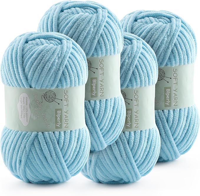 Chunky Chenille Yarn Velvet Soft Super Bulky Size 6 for Crocheting Knitting, Baby Blanket Yarn, 100g 71 Yds per Skein, Easy to Use for Scarves, Amigurumi, Crafts (4, Lake Blue)