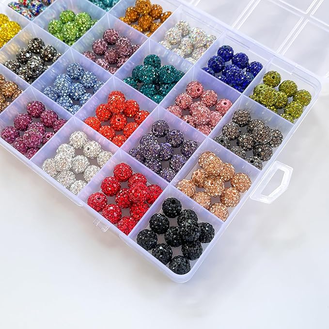 240pcs 10mm Rhinestone Beads for Jewelry Making, 24 Colors Sparkle Round Disco Ball Beads Bulk, Shiny Crystal Clay Diamond Bead for Bracelet Baseball Necklace Earring Crafting and DIY