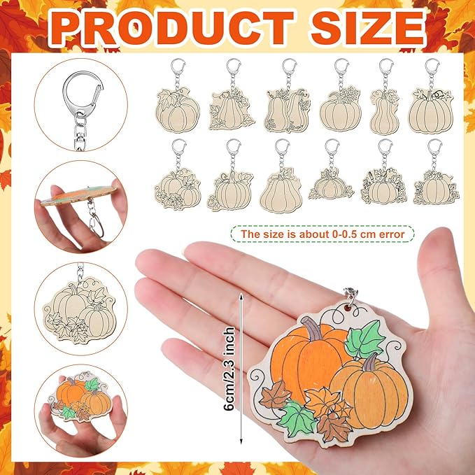 Trnayi 36 Pcs Color Your Own Pumpkin Keychains Fall Thanksgiving Crafts Wood DIY Coloring Gifts for Autumn Thanksgiving Party Favors Painting DIY Arts Crafts Project Decoration Family Holiday Project