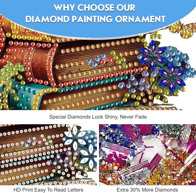 NEWENMO Hanging Diamond Art Kit for Adult, Vintage Books, 5D Special Shaped Rhinestone Diamond Painting Ornament, Floral Books, DIY Acrylic Diamond Art Painting Window Pendants Home Garden Wall Decor
