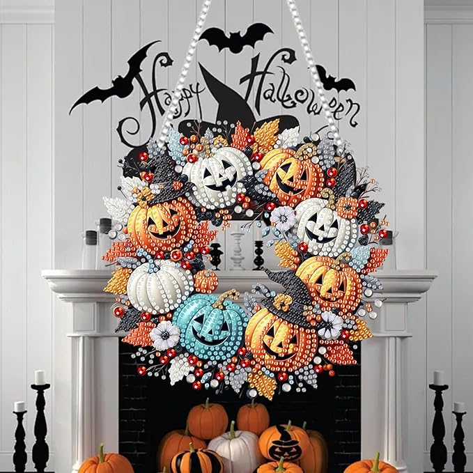 RYMILIE Diamond Art Hanging Kit for Adult,Special Shaped Rhinestone,Double Sided 5D DIY Acrylic Diamond Art Painting Window Pendants Home Garden Wall Hanging Kits Hanging Ornament (Halloween Pumpkin)