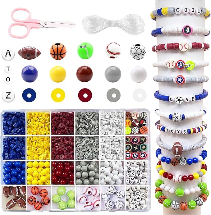 1769Pcs Acrylic Sports Ball Beads Kit for DIY Bracelet, Necklace & Jewelry Making, Letter Beads Volleyball Baseball Basketball Football Soccer Charms, Birthday Party Supplies Handmade Gifts