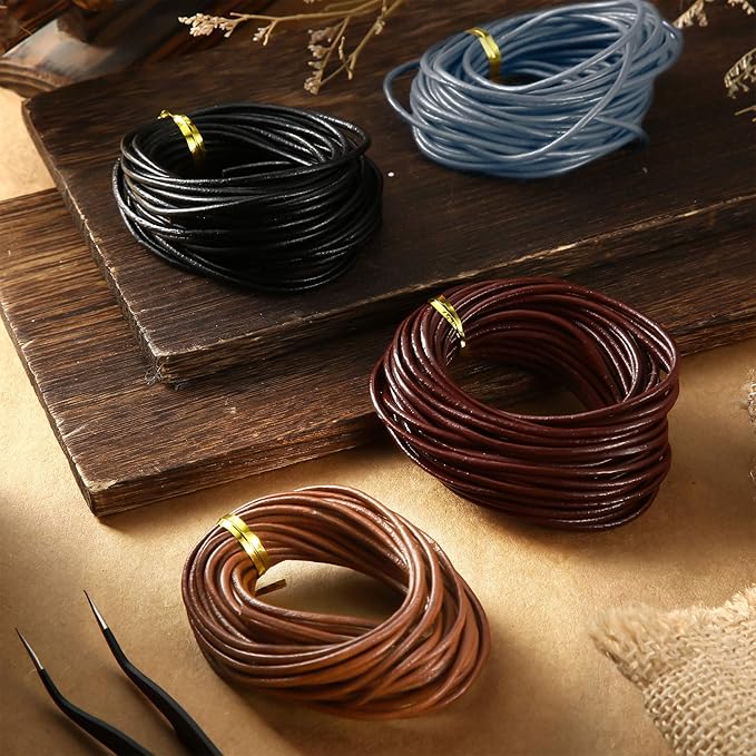 WILLBOND 24 Meters Round Leather Cord for Jewelry Making, 4 Pcs 2 mm Wide Leather Jewelry Ropes, 4 Colors for Necklace Bracelet Making Kit (Black, Wine Red, Light Grey, Brown)