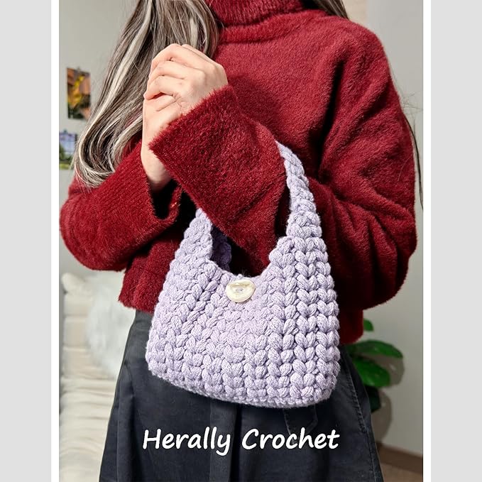 Herally Crochet Kit DIY for Beginners - Include Yarn, Hook and Accessory - with Step by Step Video Tutorials - Wheatear Hobo Bag (Lavender)