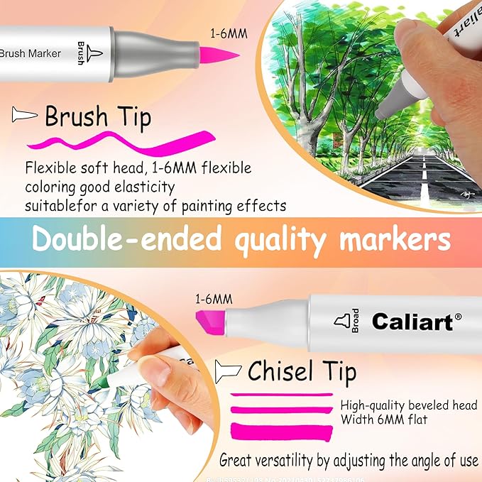 caliart 168 colors alcohol markers brush tip & chisel, dual tip art markers set for adults coloring book artists sketch illustration, with case permanent colored pen art supplies drawing gifts