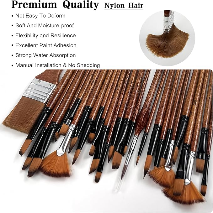 Bougimal 32 Pcs Paint Brush Set, Artist Paint Brushes for Acrylic Painting, Oil, Watercolor, Gouache, with Flat Round Filbert Fan Angle Detail Brush, Suitable for Artists and Beginners(Brown)