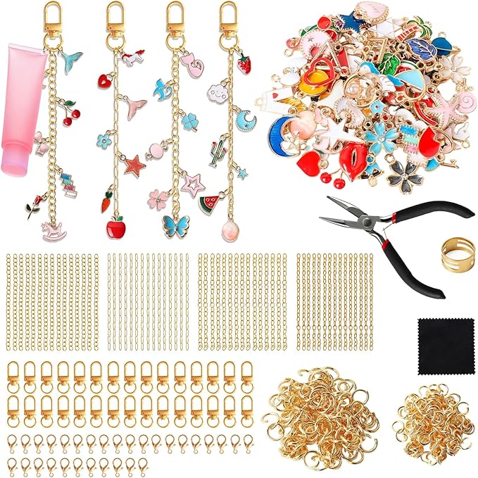 SUTROMA 423Pcs Lip Gloss Charm Keychain Kit - Including 100 Charms 60 Keychain Clip 30 Extender Chains & Jewelry Plier - Bag Charm Kit - Jewelry Making Supplies for DIY Keychains (Kind1)