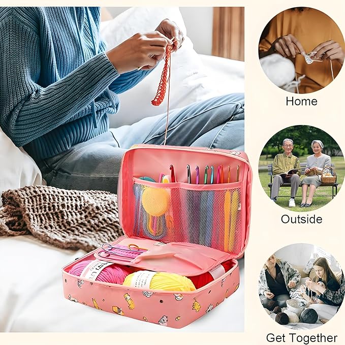 QRZLP Complete Crochet Kit with Storage Bag - 59-Piece Beginner Crochet Set Includes Yarn Balls, Crochet Hooks, Stitch Markers, Needles & Accessories for DIY Knitting, Amigurumi, and Craft Projects.