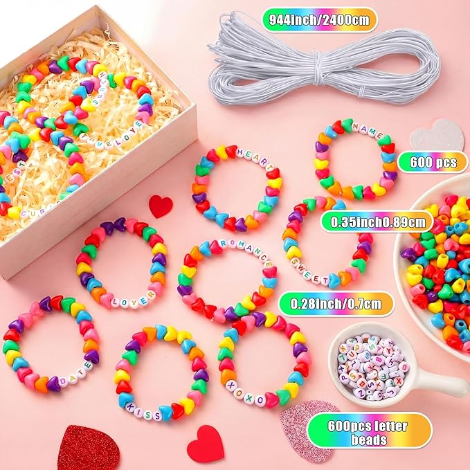 Highergo 1200 Pcs Mother's Day Bracelet Heart Beads Making Kit Letter Beads DIY with 944 Inch Elastic Cord Sweet Heart Charms for Valentine Day Bracelet Necklace Making DIY Crafts
