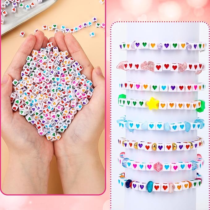 Augshy 1400Pcs Acrylic Colorful Heart Square Cube Beads for Bracelets Necklaces Phone Lanyard Making with 1 Roll Crystal String Cord for Jewelry Making(6mm)
