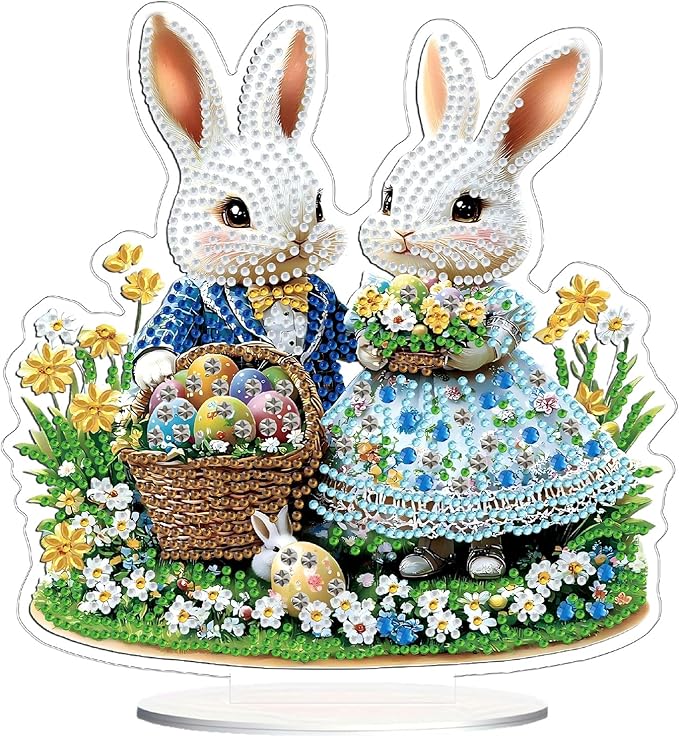 TOSTOG Rabbit Couple Tabletop Diamond Art Kits for Adult, Desktop Diamond Painting for Beginners, 5D DIY Stand Up Crafts Gem Art, Waterproof Full Accessories for Home Decor Idea 20 * 20 cm/8 * 8 in