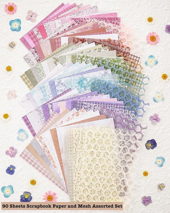 90 Sheets Scrapbook Paper and Decorative Mesh Fabric Assorted Set - 6 Pack Mixed Special Paper for Scrapbooking Planner Bullet Junk Journal Supplies Mixed Media Collage Card Embellishment 5.1x7 Inch