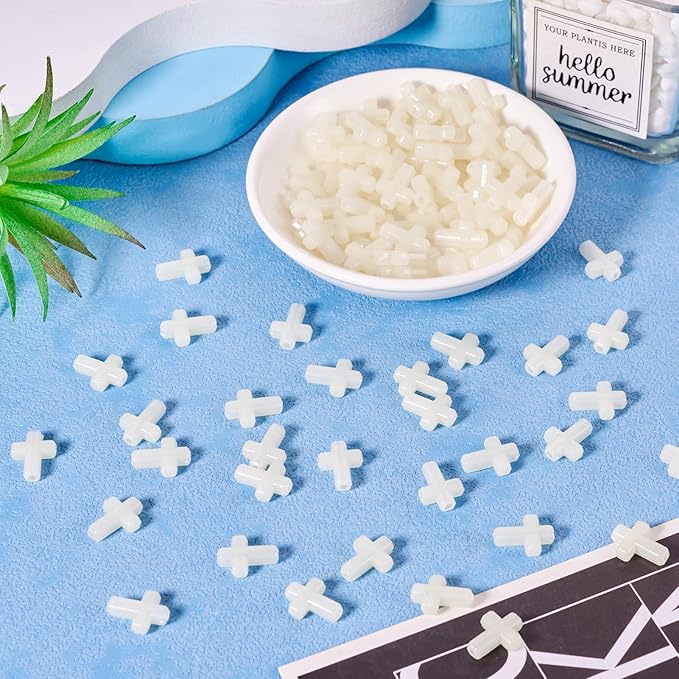 FASHEWELRY 100Pcs Acrylic Cross Beads for DIY Jewelry Making - Glow in The Dark Luminous Crucifix Rosary Spacer Easter Beads for Necklace Bracelet Earring