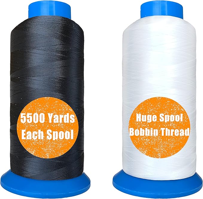 HimaPro Set of 2 Huge Black&White Spools Bobbin Thread for Embroidery Machine and Sewing Machine - 5500 Yards (5000 Meters) Each - 100% Polyester - Black & White