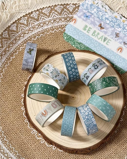 YUBX Boho Washi Tape Set 10 Rolls Cute Masking Graphic Floral Pattern Decorative Tapes for Arts, DIY Crafts, Journals, Planners, Scrapbook, Wrapping (Cool)