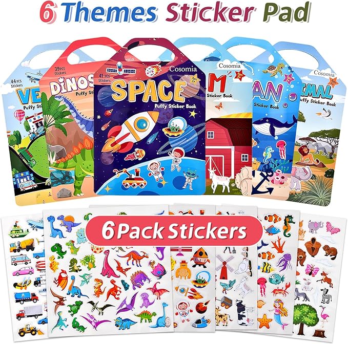 cosomia 6 set (260pcs) puffy sticker books activity for kids, animal, farm, dinosaurs, space, vehicle, ocean, 3d reusable stickers for boys and girls, travel sticker books for kids ages 3+