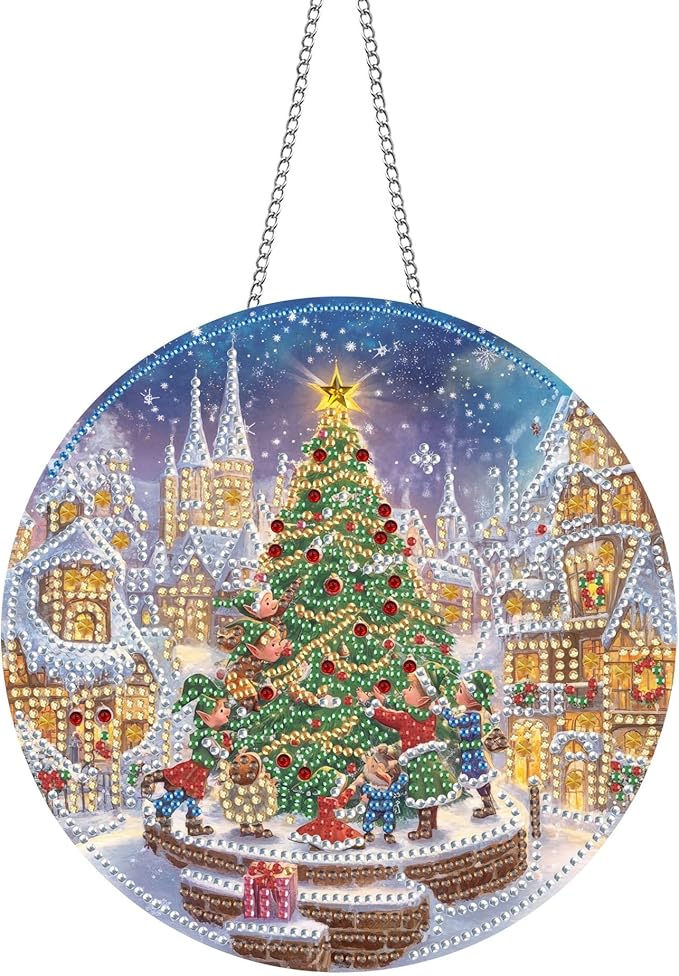 Pavemlo Hanging Diamond Art Kits for Adults Christmas Tree – 8x8 Inch Double-Sided Acrylic Board DIY Crystal Diamond Suncatcher Pendant, Sparkling Home Wall or Window Decoration Handmade Gifts