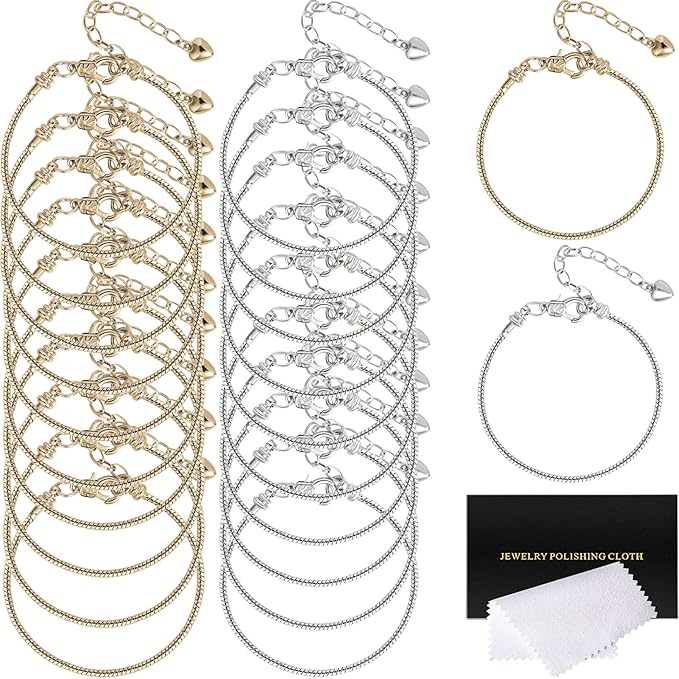 20 Pcs Snake Charm Bracelet Chain 8 Inch Gold Silver Charm Bracelet Kit, Snake Chain Bracelets Chains Pack with Polishing Cloth for Christmas Mother's Day DIY Women Jewelry Making Gifts Supplies