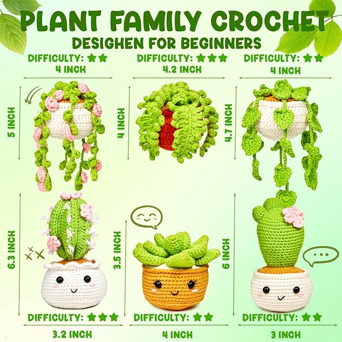 MAGIMUSE Crochet Kit for Beginners, Crochet Starter Kits, Amigurumi Craft Knitting Crocheting Kits with Step-by-Step Video Tutorials, 6 Pack Hanging Potted Plants Family(40%+ Yarn