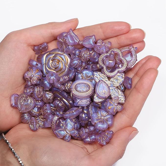 7.5 OZ Assorted Vintage Acrylic Beads for Jewelry Making, Song Xi Unique Flower Rose Czech Beads for Bracelet Earrings, Bohemia Style, Bulk, Arts and Crafts, DIY Holiday Gift (240-260 PCS, Purple)