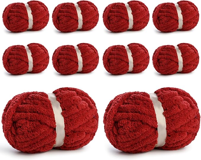 10 Pack Jumbo Chenille Yarn for Crocheting, #10 Super Bulky Baby Soft Yarn for Hand Knitting, 220 yds /70.5 oz Fluffy Chunky Knit Throw Blanket Yarn (Burgundy)