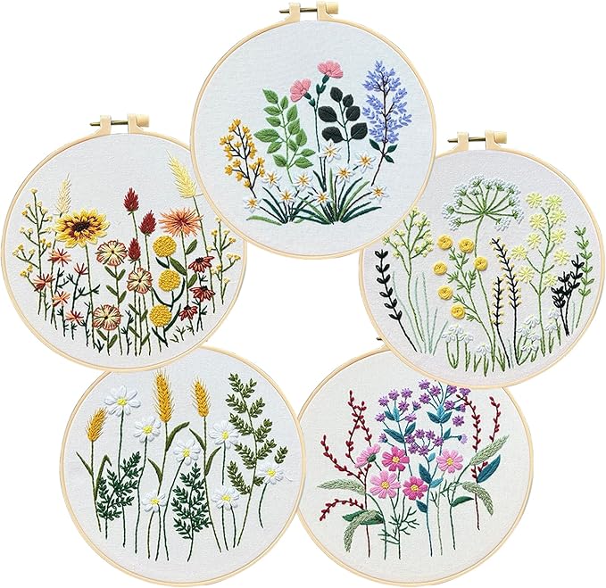 COCOMOX 5 Sets Floral Embroidery Practice Kits, Flower Pattern Embroidery Kit for Beginners Adults, Hand Embroidery Kit, Easy to Follow Instruction and Video
