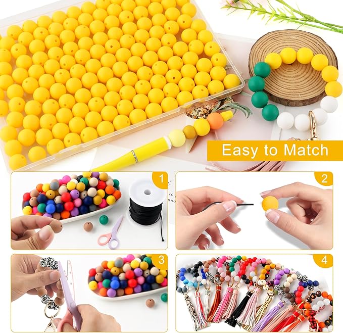 150Pcs 15mm Silicone Beads for Keychain Making Bracelet Necklace, Bulk Round Silicone Beads for Pens（Yellow）