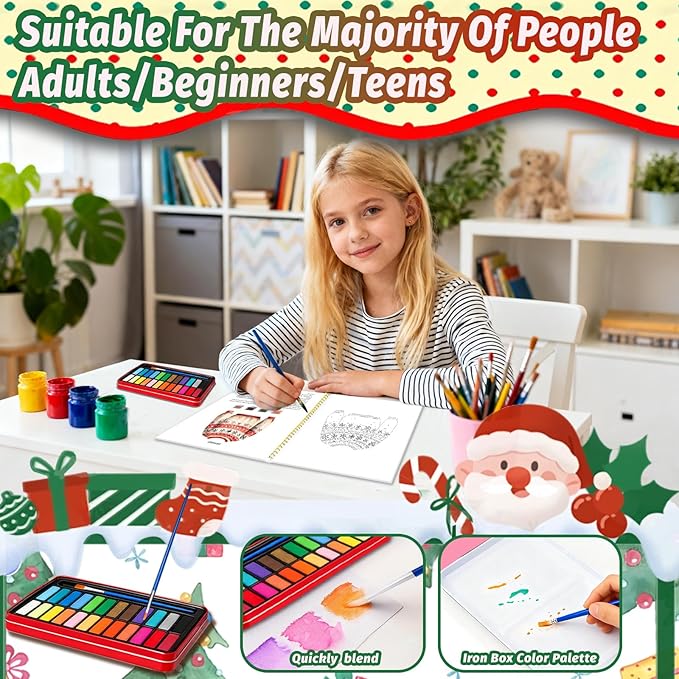 Watercolor Workbook - Coloring Book Beginner Friendly Painting Kit, Watercolor Workbooks for Adults with 24 Colors Paint, Exploration Gift for Adults Teens (Christmas)