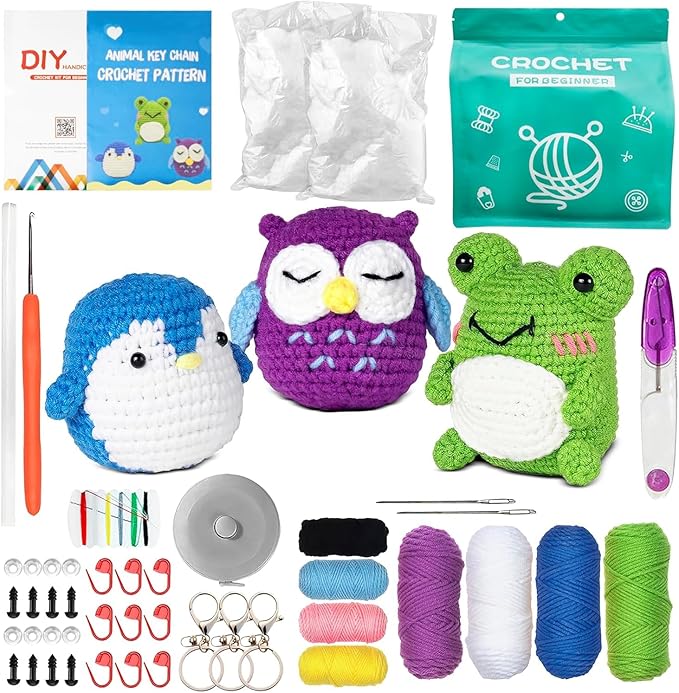 Animals Crochet Kit for Beginners – Set of 3 Easy-to-Use Knitting Kit for Adults with Yarns, Tools & Instructions for Creating Handmade Gifts, Nice for Stress Relief, Great as Mothers Day Gift for Mom