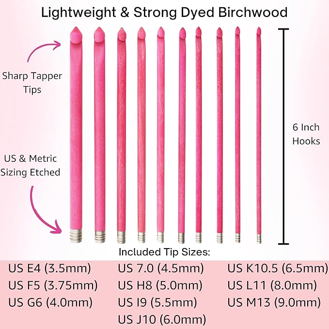 Lykke Blush 6 in. Set Sizes 3.5, 3.75, 4.0, 4.5, 5.0, 5.5, 6.0, 6.5, 8.0, 9mm Crochet Hooks for Sport, Baby, DK, Worsted, Chunky Yarn, Birchwood with Fuchsia DM Case, Project Bag