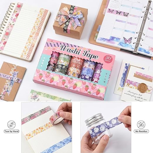 50 Rolls Washi Tape Set, Assorted Sizes, for Junk Journal Scrapbook, Bullet Journaling Scrapbooking Supplies, Planner Sticker DIY Craft Decor (Dreamy Pastels)
