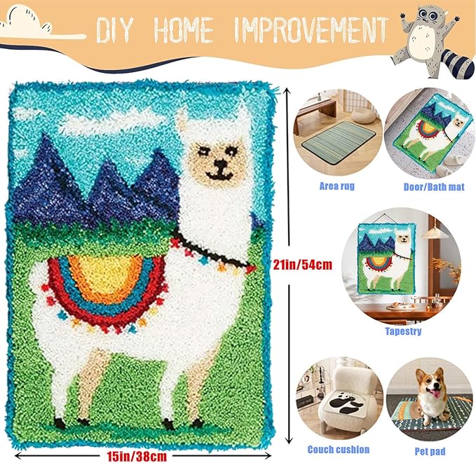EMISTEM Latch Hook Kits for Adults - DIY Latch Hook Rug Kits, Crochet Kit for Beginners, Rug Making Kits with Printed Canvas, Gift Packaging. (White Alpaca on The Grassland, 20x15 inch)