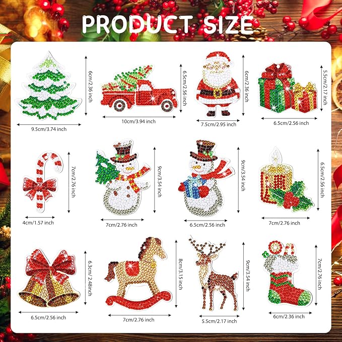 Ferraycle 12 Pcs Diamond Art Christmas Ornaments Christmas Diamond Painting Ornaments 5d DIY Painting Keychain Kits Xmas Hanging Paint Kits for Adults Crafts Family Decor