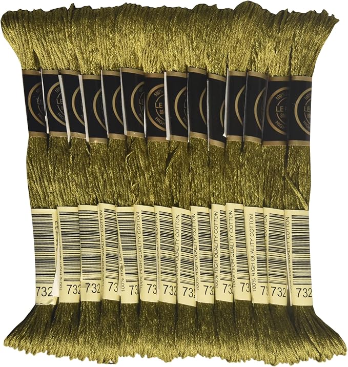 LE PAON Embroidery Floss, 14-Pack Six Strands 100% Long Staple Cotton Embroidery Thread, 8.7-Yard，Color Number：732, Olive Green