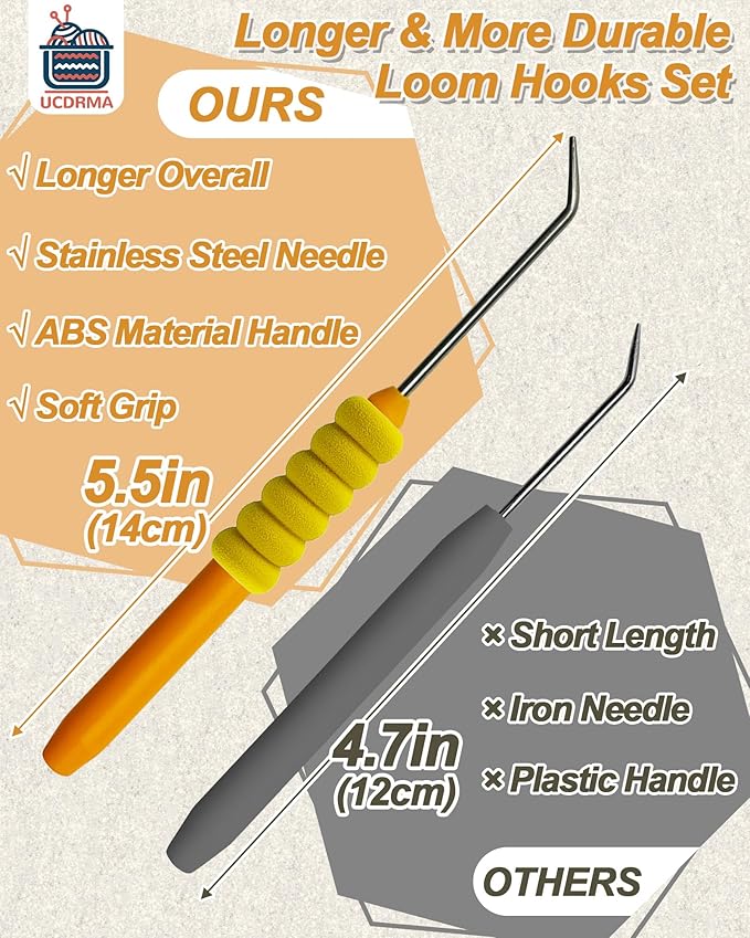 UCDRMA Knitting Loom Hook with Soft Grip, More Comfortable Loom Knitting Hook for Arthritic Hands, 6PCS Longer Loom Crochet Hooks (5.5in) Stainless Steel Yarn Loom Hooks with 12 Sewing Needles (S)