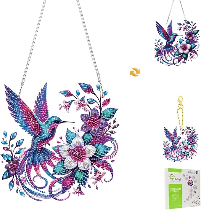 Masendp Hummingbird Diamond Painting Double-Sided Wall Hanging Set, DIY Irregular Shaped Rhinestone Window Decoration Set, Suitable for Home and Garden Wall Decoration Gifts