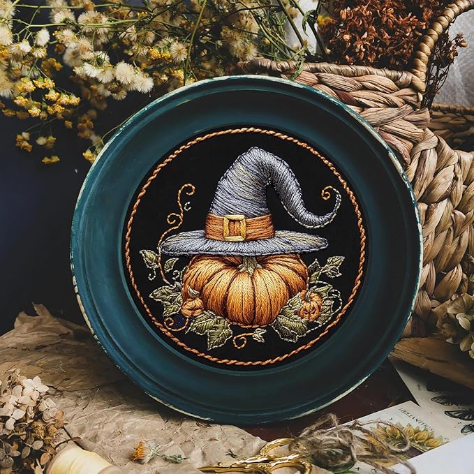 FONNUY Pumpkin Embroidery Kit for Beginners, Pre-Stamped Pattern Kits for Adults with Hoop, Easy to Follow Color Thread Needlework, 8'' Hoop (Witch Hat 1)