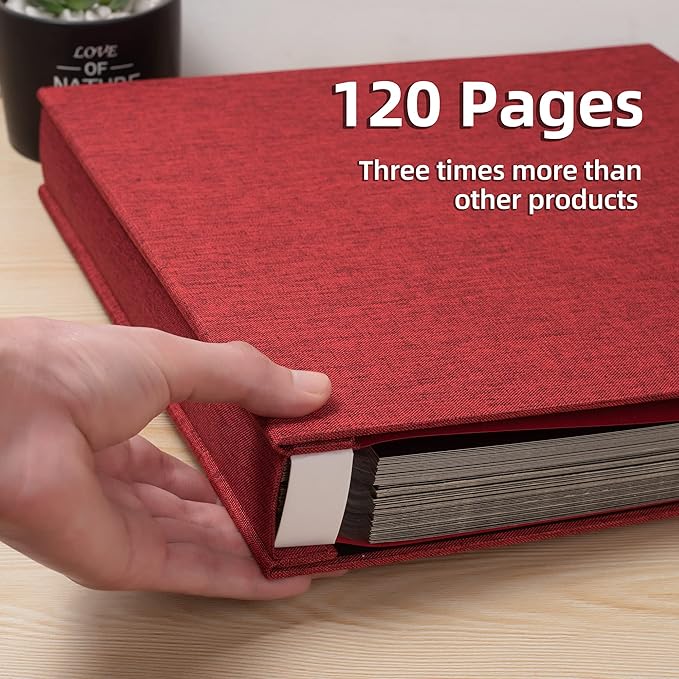 Large Photo Album Self Adhesive 4x6 5x7 3x5 8x10 Scrapbook Magnetic Album DIY Scrap Book Length 13 x Width 12.8 (Inches) 120 Black Sticky Pages Linen Cover DIY Photo Album(Red)