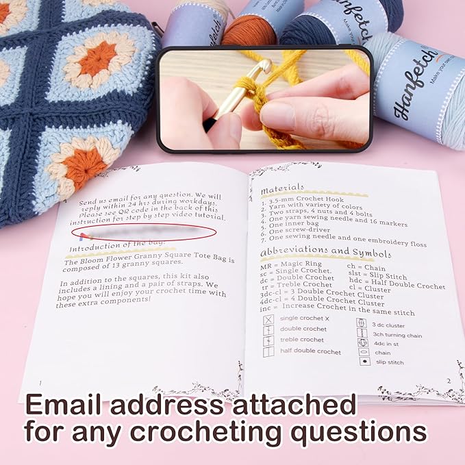 Hanfetch Crochet Kit for Advanced or Intermediate Beginner, Step by Step Video Tutorial and Detailed Guide Instruction DIY Craft Supplies for Adult and Kid with Complete Kit for Granny Square Tote Bag