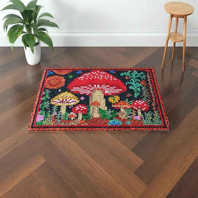 Mushroom Latch Hook Rectangle Rug Kits for Adults Needle Crochet Yarn Embroidery Carpet Hook and Latch Kit Floor Mat Tapestry Christmas Home Decoration 52x38cm(1)