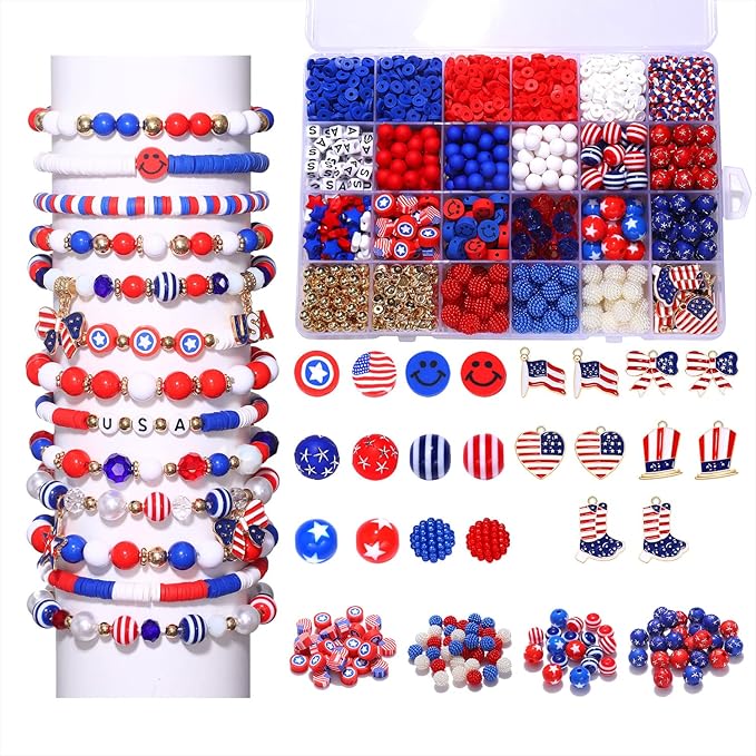 HSWE 1461Pcs 4th of July Patriotic Beads for Jewelry Making Independence Day Red White Blue Heishi Stars USA Letter Beads with America Flag Heart Hat Pendant Accessories for DIY Bracelets Making Kit